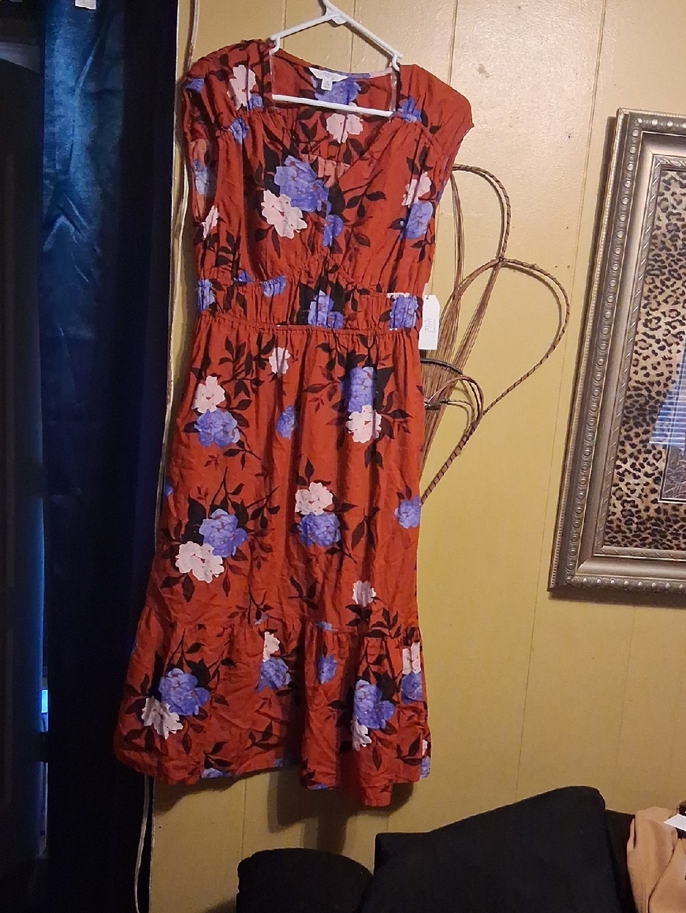 Time and Tru Rust Midi Dress with Purple & White Floral Print
